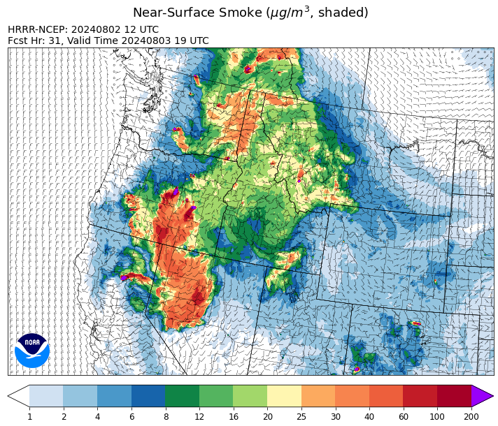 By Saturday afternoon, the HRRR smoke model shows increasing surface smoke over Western Montana from regional wildfires.